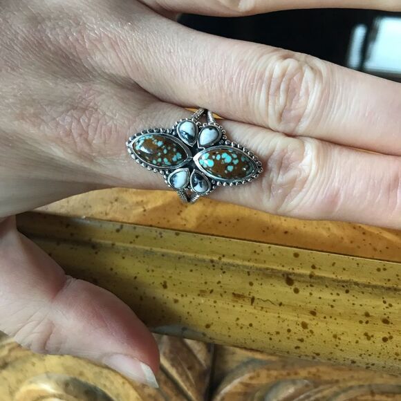 Natural White Buffalo Blue Turquoise Sterling Silver Ring Size 10 - Picture 2 of 8